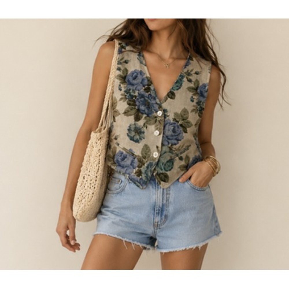 Vintage Tapestry Vest Womens Small Floral Linen Waistcoat Button Front Y2K Indie